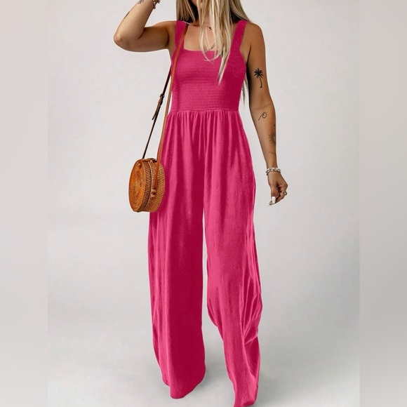 Boho Smocked Pocket Wide Leg Pants Jumpsuit Pink - Picture 6 of 6